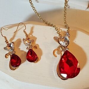 Kitty Cat Earring & Necklace Set of 2 Ruby Tone.